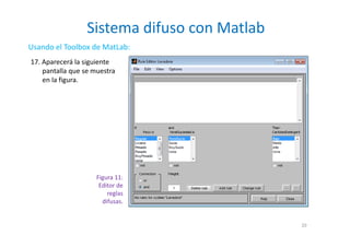 Sistema difuso con Matlab
20
Usando el Toolbox de MatLab:
17. Aparecerá la siguiente
pantalla que se muestra
en la figura.
Figura 11:
Editor de
reglas
difusas.
 