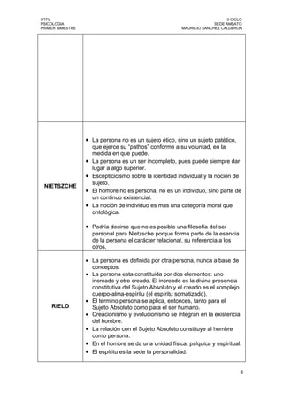 UTPL                                                                         II CICLO
PSICOLOGIA                                                             SEDE AMBATO
PRIMER BIMESTRE                                          MAURICIO SANCHEZ CALDERON




                  • La persona no es un sujeto ético, sino un sujeto patético,
                      que ejerce su “pathos” conforme a su voluntad, en la
                      medida en que puede.
                  •   La persona es un ser incompleto, pues puede siempre dar
                      lugar a algo superior.
                  •   Escepticicismo sobre la identidad individual y la noción de
                      sujeto.
 NIETSZCHE
                  •   El hombre no es persona, no es un individuo, sino parte de
                      un continuo existencial.
                  •   La noción de individuo es mas una categoría moral que
                      ontológica.

                  • Podría decirse que no es posible una filosofía del ser
                      personal para Nietzsche porque forma parte de la esencia
                      de la persona el carácter relacional, su referencia a los
                      otros.

                  • La persona es definida por otra persona, nunca a base de
                    conceptos.
                  • La persona esta constituida por dos elementos: uno
                    increado y otro creado. El increado es la divina presencia
                    constitutiva del Sujeto Absoluto y el creado es el complejo
                    cuerpo-alma-espíritu (el espíritu somatizado).
                  • El termino persona se aplica, entonces, tanto para el
    RIELO           Sujeto Absoluto como para el ser humano.
                  • Creacionismo y evolucionismo se integran en la existencia
                    del hombre.
                  • La relación con el Sujeto Absoluto constituye al hombre
                    como persona.
                  • En el hombre se da una unidad física, psíquica y espiritual.
                  • El espíritu es la sede la personalidad.

                                                                                    9
 