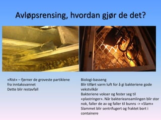 Avløpsrensing, hvordan gjør de det?




«Rist» – fjerner de groveste partiklene   Biologi-basseng
fra inntaksvannet                         Blir tilført varm luft for å gi bakteriene gode
Dette blir restavfall                     vekstvilkår
                                          Bakteriene vokser og fester seg til
                                          «plastringer». Når bakterieansamlingen blir stor
                                          nok, faller de av og faller til bunns -> «Slam»
                                          Slammet blir sentrifugert og fraktet bort i
                                          containere
 