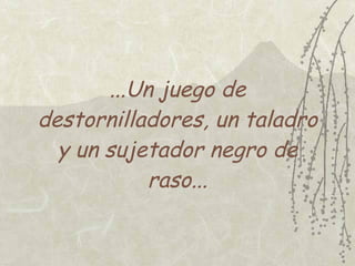 ...Un juego de
destornilladores, un taladro
  y un sujetador negro de
            raso...
 