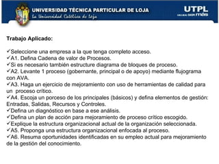 Trabajo Aplicado: Seleccione una empresa a la que tenga completo acceso. A1. Defina Cadena de valor de Procesos. Si es necesario también estructure diagrama de bloques de proceso. A2. Levante 1 proceso (gobernante, principal o de apoyo) mediante flujograma con AVA. A3. Haga un ejercicio de mejoramiento con uso de herramientas de calidad para un  proceso crítico. A4. Escoja un porceso de los principales (básicos) y defina elementos de gestión: Entradas, Salidas, Recursos y Controles. Defina un diagnóstico en base a ese análisis. Defina un plan de acción para mejoramiento de proceso crítico escogido. Explique la estructura organizacional actual de la organización seleccionada. A5. Proponga una estructura organizacional enfocada al proceso. A6. Resuma oportunidades identificadas en su empleo actual para mejoramiento de la gestión del conocimiento. 