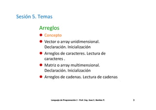 Sesión 5. Temas

         Arreglos
           Concepto
           Vector o array unidimensional.
           Declaración. Inicialización
           Arreglos de caracteres. Lectura de
           caracteres .
           Matriz o array multimensional.
           Declaración. Inicialización
           Arreglos de cadenas. Lectura de cadenas




              Lenguaje de Programación I - Prof. Ing. Jose C. Benitez P.   3
 