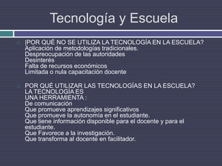 Tecnología y Escuela|POR QUÉ NO SE UTILIZA LA TECNOLOGÍA EN LA ESCUELA?Aplicación de metodologías tradicionales.Despreocupación de las autoridadesDesinterésFalta de recursos económicosLimitada o nula capacitación docentePOR QUÉ UTILIZAR LAS TECNOLOGÍAS EN LA ESCUELA?LA TECNOLOGÍA ESUNA HERRAMIENTA :De comunicaciónQue promueve aprendizajes significativosQue promueve la autonomía en el estudiante.Que tiene información disponible para el docente y para el estudiante.Que Favorece a la investigación.Que transforma al docente en facilitador.