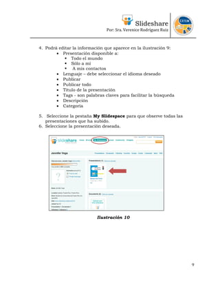 Slideshare
                               Por: Sra. Verenice Rodríguez Ruiz 
                                                                     


4. Podrá editar la información que aparece en la ilustración 9:
        • Presentación disponible a:
               Todo el mundo
               Sólo a mí
                A mis contactos
        • Lenguaje – debe seleccionar el idioma deseado
        • Publicar
        • Publicar todo
        • Título de la presentación
        • Tags - son palabras claves para facilitar la búsqueda
        • Descripción
        • Categoría

5. Seleccione la pestaña My Slidespace para que observe todas las
   presentaciones que ha subido.
6. Seleccione la presentación deseada.




                           Ilustración 10




                                                                    9
 