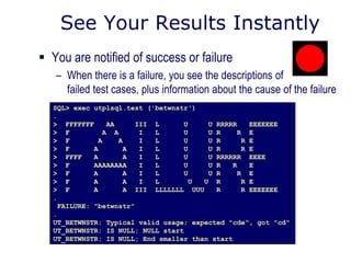 See Your Results Instantly
 You are notified of success or failure
– When there is a failure, you see the descriptions of
failed test cases, plus information about the cause of the failure
SQL> exec utplsql.test ('betwnstr')
.
> FFFFFFF AA III L U U RRRRR EEEEEEE
> F A A I L U U R R E
> F A A I L U U R R E
> F A A I L U U R R E
> FFFF A A I L U U RRRRRR EEEE
> F AAAAAAAA I L U U R R E
> F A A I L U U R R E
> F A A I L U U R R E
> F A A III LLLLLLL UUU R R EEEEEEE
.
FAILURE: "betwnstr"
.
UT_BETWNSTR: Typical valid usage; expected "cde", got "cd"
UT_BETWNSTR: IS NULL: NULL start
UT_BETWNSTR: IS NULL: End smaller than start
 