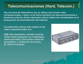 Telecomunicaciones (Hard. Telecom.) Hay una serie de dispositivos que se utilizan para formar redes computacionales, a estos se los llama (hardware de telecomunicaciones o elementos activos), dichos elementos activos deben ser considerados en el presupuesto de automatización del sistema) Los elementos activos más usados en las redes computacionales son: HUB:  Este dispositivo, permite conectar varios nodos (equipos) a un computador central (servidor), hace cierto control de transmisión, y verificación de errores Ej: HUB de 4 puertos 