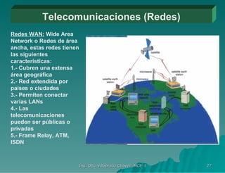 Telecomunicaciones (Redes) Redes WAN:  Wide Area Network o Redes de área ancha, estas redes tienen las siguientes características: 1.- Cubren una extensa área geográfica  2.- Red extendida por países o ciudades 3.- Permiten conectar varias LANs 4.- Las telecomunicaciones pueden ser públicas o privadas  5.- Frame Relay, ATM, ISDN 