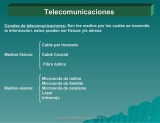 Telecomunicaciones Canales de telecomunicaciones:  Son los medios por los cuales se transmite la información, estos pueden ser físicos y/o aéreos   Cable par trenzado  Medios físicos:   Cable Coaxial    Fibra óptica   Microonda de radios      Microonda de Satélite Medios aéreos:   Microonda de celulares      Láser     Infrarrojo 