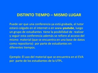 DISTINTO TIEMPO – MISMO LUGAR Puede ser que una conferencia ya está grabada, el tutor estará colgado en el internet o en www. youtube , luego un grupo de estudiantes  tiene la posibilidad de  realizar y seguir esta conferencia además se refiere al acceso del mismo  material (que se encuentra en una base de datos como repositorio)  por parte de estudiantes en diferentes tiempos.     Ejemplo: El uso del material que se encuentra en el EVA por  parte de los estudiantes de la UTPL.  