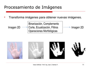 Procesamiento de Imágenes

•   Transforma imágenes para obtener nuevas imágenes.

                 Binarización, Complemento
    Imagen 2D    Corte, Ecualización, Filtros                            Imagen 2D
                 Operaciones Morfológicas




                     Vision Artificial - Prof. Ing. Jose C. Benitez P.           11
 