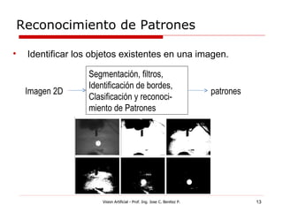 Reconocimiento de Patrones

•    Identificar los objetos existentes en una imagen.

                   Segmentación, filtros,
                   Identificación de bordes,
     Imagen 2D                                                             patrones
                   Clasificación y reconoci-
                   miento de Patrones




                       Vision Artificial - Prof. Ing. Jose C. Benitez P.              13
 
