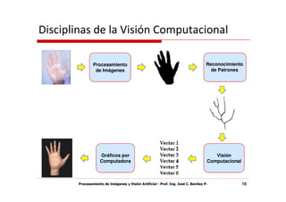 Disciplinas de la Visión Computacional

                Procesamiento                                                       Reconocimiento
                 de Imágenes                                                          de Patrones




                    Gráficos por                                                       Visión
                    Computadora                                                     Computacional



        Procesamiento de Imágenes y Visión Artificial - Prof. Ing. José C. Benítez P.               10
 