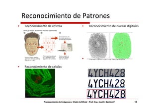 Reconocimiento de Patrones
•   Reconocimiento de rostros                            •      Reconocimiento de huellas digitales




                                                         •      Reconocimiento de placas

•   Reconocimiento de celulas




                Procesamiento de Imágenes y Visión Artificial - Prof. Ing. José C. Benítez P.   14
 