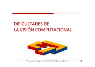 DIFICULTADES DE
LA VISIÓN COMPUTACIONAL




    Procesamiento de Imágenes y Visión Artificial - Prof. Ing. José C. Benítez P.   18
 