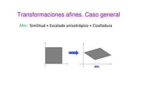 Transformaciones afines. Cizalladura 
La cizalladura de x respecto a y desplaza cada píxel de la 
imagen original en la dirección x un espacio proporcional a 
su coordenada y. 
¢ = + × 
x x c y x 
¢ = 
y y 
 
 
 
×  
1 
x x 
c x 
 
 
 
 
 
=  
 
 
¢ 
¢ 
y 
y 
0 1 
 