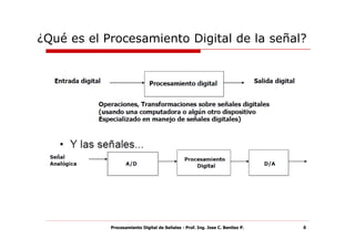¿Qué es el Procesamiento Digital de la señal?




            Procesamiento Digital de Señales - Prof. Ing. Jose C. Benitez P.   4
 