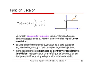 Función Escalón




 • La función escalón de Heaviside, también llamada función
   escalón unitario, debe su nombre al matemático inglés Oliver
   Heaviside.
 • Es una función discontinua cuyo valor es 0 para cualquier
   argumento negativo, y 1 para cualquier argumento positivo:
 • Tiene aplicaciones en ingeniería de control y procesamiento
   de señales, representando una señal que se enciende en un
   tiempo específico, y se queda prendida indefinidamente.
                Procesamiento Digital de Señales - Prof. Ing. Jose C. Benitez P.   66
 