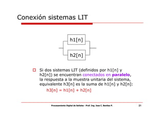 Conexión sistemas LIT


                              h1[n]


                              h2[n]


      Si dos sistemas LIT (definidos por h1[n] y
      h2[n]) se encuentran conectados en paralelo,
      la respuesta a la muestra unitaria del sistema,
      equivalente h3[n] es la suma de h1[n] y h2[n]:
         h3[n] = h1[n] + h2[n]


           Procesamiento Digital de Señales - Prof. Ing. Jose C. Benitez P.   21
 