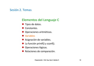 Sesión 2. Temas


        Elementos del Lenguaje C
          Tipos de datos.
          Constantes.
          Operaciones aritméticas.
          Variables
          Asignación de variables.
          La función printf() y scanf().
          Operaciones lógicas.
          Relaciones de comparación.


                   Programación - Prof. Ing. Jose C. Benitez P.   15
 