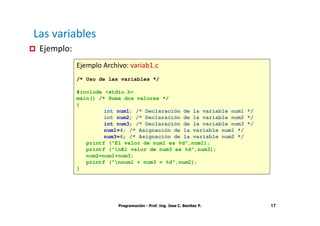 Las variables
 Ejemplo:
            Ejemplo Archivo: variab1.c
            /* Uso de las variables */

            #include <stdio.h>
            main() /* Suma dos valores */
            {
                     int num1; /* Declaración de la variable num1 */
                     int num2; /* Declaración de la variable num2 */
                     int num3; /* Declaración de la variable num3 */
                     num1=4; /* Asignación de la variable num1 */
                     num3=6; /* Asignación de la variable num2 */
               printf ("El valor de num1 es %d",num1);
               printf ("nEl valor de num3 es %d",num3);
               num2=num1+num3;
               printf ("nnum1 + num3 = %d",num2);
            }




                         Programación - Prof. Ing. Jose C. Benitez P.   17
 