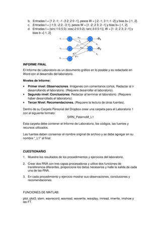 b. Entradas I = [1 2 -1; -1 -3 2; 2 0 -1], pesos W = [-2 -1; 3 1;-1 -2] y bias b= [-1, 2]. 
c. Entradas I = [-1:3; -2:2; -3:1], pesos W = [1 -2; 2 3; 2 -1] y bias b= [-1, 2]. 
d. Entradas I = [sin(-1:0.5:3); cos(-2:0.5:2); tan(-3:0.5:1)], W = [1 -2; 2 3; 2 -1] y 
bias b =[-1, 2]. 
INFORME FINAL 
El Informe de Laboratorio es un documento gráfico en lo posible y es redactado en 
Word con el desarrollo del laboratorio. 
Niveles de Informe: 
• Primer nivel: Observaciones. Imágenes con comentarios cortos. Redactar al ir 
desarrollando el laboratorio. (Requiere desarrollar el laboratorio). 
• Segundo nivel: Conclusiones. Redactar al terminar el laboratorio. (Requiere 
haber desarrollado el laboratorio). 
• Tercer Nivel: Recomendaciones. (Requiere la lectura de otras fuentes). 
Dentro de su Carpeta Personal del Dropbox crear una carpeta para el Laboratorio 1 
con el siguiente formato: 
SIRN_PaternoM_L1 
Esta carpeta debe contener el Informe de Laboratorio, los códigos, las fuentes y 
recursos utilizados. 
Las fuentes deben conservar el nombre original de archivo y se debe agregar en su 
nombre “_L1” al final. 
CUESTIONARIO 
1. Muestre los resultados de los procedimientos y ejercicios del laboratorio. 
2. Crear dos RNA con tres capas procesadoras y utilice dos funciones de 
transferencia diferentes, proporcione los datos necesarios y halle la salida de cada 
una de las RNA. 
3. En cada procedimiento y ejercicio mostrar sus observaciones, conclusiones y 
recomendaciones. 
FUNCIONES DE MATLAB: 
plot, plot3, stem, wavrecord, wavread, wavwrite, wavplay, imread, imwrite, imshow y 
las FT. 

