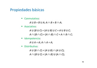 19 
Propiedades básicas 
 Conmutativa: 
A U B = B U A; A Ç B = B Ç A; 
 Asociativa: 
A U (B U C) = (A U B) U C = A U B U C; 
A Ç (B Ç C) = (A Ç B) Ç C = A Ç B Ç C; 
 Idempotencia: 
A U A = A; A Ç A = A; 
 Distributiva: 
A U (B Ç C) = (A U B) Ç (A U C); 
A Ç (B U C) = (A Ç B) U (A Ç C); 
 