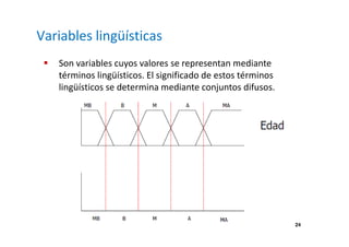 24 
Variables lingüísticas 
 Son variables cuyos valores se representan mediante 
términos lingüísticos. El significado de estos términos 
lingüísticos se determina mediante conjuntos difusos. 
 
