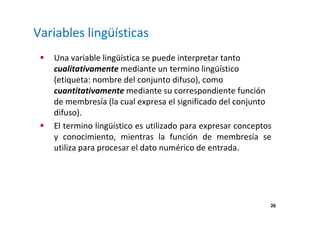 26 
Variables lingüísticas 
 Una variable lingüística se puede interpretar tanto 
cualitativamente mediante un termino lingüístico 
(etiqueta: nombre del conjunto difuso), como 
cuantitativamente mediante su correspondiente función 
de membresía (la cual expresa el significado del conjunto 
difuso). 
 El termino lingüístico es utilizado para expresar conceptos 
y conocimiento, mientras la función de membresía se 
utiliza para procesar el dato numérico de entrada. 
 