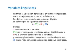 27 
Variables lingüísticas 
Permiten la valoración de variables en términos lingüísticos, 
como por ejemplo, poco, mucho, suficiente, etc. 
Pueden ser representadas por conjuntos difusos. 
Se definen por los siguientes elementos: 
(, (),, ,
) 
Donde: 
 es el nombre de la variable. 
() es el conjunto de términos o valores lingüísticos de x. 
 es el universo del discurso de la variable x. 
g es una regla sintáctica para generar términos lingüísticos. 

 es una regla semántica que asocia a cada x un significado. 
 