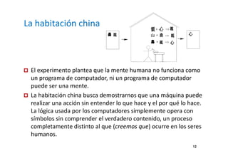 12 
La habitación china 
 El experimento plantea que la mente humana no funciona como 
un programa de computador, ni un programa de computador 
puede ser una mente. 
 La habitación china busca demostrarnos que una máquina puede 
realizar una acción sin entender lo que hace y el por qué lo hace. 
La lógica usada por los computadores simplemente opera con 
símbolos sin comprender el verdadero contenido, un proceso 
completamente distinto al que (creemos que) ocurre en los seres 
humanos. 
 