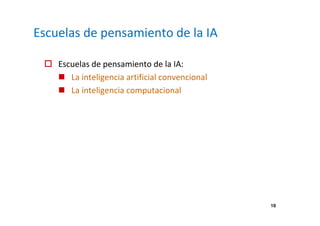 19 
Escuelas de pensamiento de la IA 
 Escuelas de pensamiento de la IA: 
 La inteligencia artificial convencional 
 La inteligencia computacional 
 