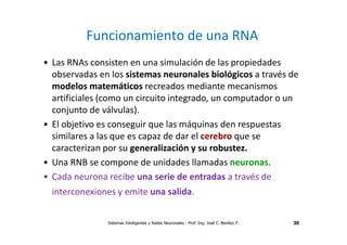 Funcionamiento de una RNA 
• Las RNAs consisten en una simulación de las propiedades 
observadas en los sistemas neuronales biológicos a través de 
modelos matemáticos recreados mediante mecanismos 
artificiales (como un circuito integrado, un computador o un 
conjunto de válvulas). 
• El objetivo es conseguir que las máquinas den respuestas 
similares a las que es capaz de dar el cerebro que se 
caracterizan por su generalización y su robustez. 
• Una RNB se compone de unidades llamadas neuronas. 
• Cada neurona recibe una serie de entradas a través de 
interconexiones y emite una salida. 
Sistemas Inteligentes y Redes Neuronales - Prof. Ing. José C. Benítez P. 39 
 