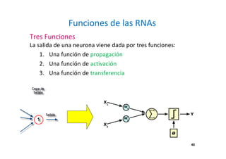 40 
Funciones de las RNAs 
Tres Funciones 
La salida de una neurona viene dada por tres funciones: 
1. Una función de propagación 
2. Una función de activación 
3. Una función de transferencia 
 