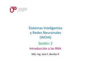 Sistemas Inteligentes 
y Redes Neuronales 
(WOIA) 
Sesión: 2 
Introducción a las RNA 
MSc. Ing. José C. Benítez P. 
 