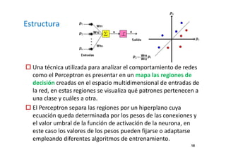 18 
Estructura 
 Una técnica utilizada para analizar el comportamiento de redes 
como el Perceptron es presentar en un mapa las regiones de 
decisión creadas en el espacio multidimensional de entradas de 
la red, en estas regiones se visualiza qué patrones pertenecen a 
una clase y cuáles a otra. 
 El Perceptron separa las regiones por un hiperplano cuya 
ecuación queda determinada por los pesos de las conexiones y 
el valor umbral de la función de activación de la neurona, en 
este caso los valores de los pesos pueden fijarse o adaptarse 
empleando diferentes algoritmos de entrenamiento. 
 