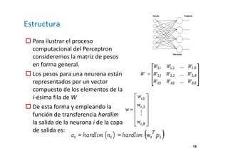 19 
Estructura 
 Para ilustrar el proceso 
computacional del Perceptron 
consideremos la matriz de pesos 
en forma general. 
 Los pesos para una neurona están 
representados por un vector 
compuesto de los elementos de la 
i-ésima fila de W 
 De esta forma y empleando la 
función de transferencia hardlim 
la salida de la neurona i de la capa 
de salida es: 
 