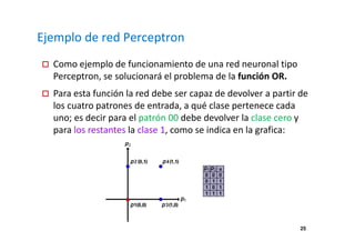 25 
Ejemplo de red Perceptron 
 Como ejemplo de funcionamiento de una red neuronal tipo 
Perceptron, se solucionará el problema de la función OR. 
 Para esta función la red debe ser capaz de devolver a partir de 
los cuatro patrones de entrada, a qué clase pertenece cada 
uno; es decir para el patrón 00 debe devolver la clase cero y 
para los restantes la clase 1, como se indica en la grafica: 
 