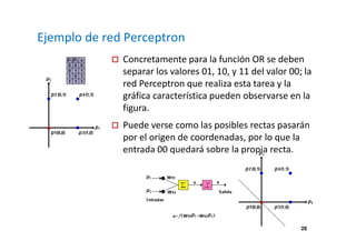 28 
Ejemplo de red Perceptron 
 Concretamente para la función OR se deben 
separar los valores 01, 10, y 11 del valor 00; la 
red Perceptron que realiza esta tarea y la 
gráfica característica pueden observarse en la 
figura. 
 Puede verse como las posibles rectas pasarán 
por el origen de coordenadas, por lo que la 
entrada 00 quedará sobre la propia recta. 
 