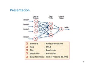 3 
Presentación 
 Nombre : Redes Perceptron 
 Año : 1950 
 Tipo : Predicción 
 Diseñador : Rosenblatt 
 Características : Primer modelo de ANN 
 
