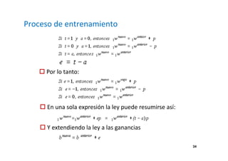 34 
Proceso de entrenamiento 
 Por lo tanto: 
 En una sola expresión la ley puede resumirse así: 
 Y extendiendo la ley a las ganancias 
 