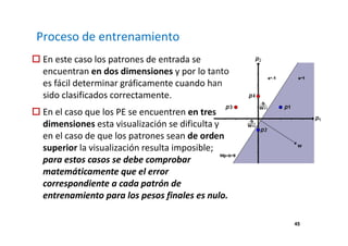45 
Proceso de entrenamiento 
 En este caso los patrones de entrada se 
encuentran en dos dimensiones y por lo tanto 
es fácil determinar gráficamente cuando han 
sido clasificados correctamente. 
 En el caso que los PE se encuentren en tres 
dimensiones esta visualización se dificulta y 
en el caso de que los patrones sean de orden 
superior la visualización resulta imposible; 
para estos casos se debe comprobar 
matemáticamente que el error 
correspondiente a cada patrón de 
entrenamiento para los pesos finales es nulo. 
 