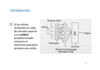 7 
Introducción 
 Si las células 
presentan un valor 
de entrada superior 
a un umbral 
predeterminado 
entonces el 
elemento asociativo 
produce una salida. 
 