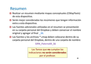 Resumen
Las Tareas que no cumplan las
indicaciones no serán considerados
por el profesor.
40
Realizar un resumen mediante mapas conceptuales (CMapTools)
de esta diapositiva.
Serán mejor consideradas los resúmenes que tengan información
extra a esta diapositiva.
Las fuentes adicionales utilizadas en el resumen se presentarán
en su carpeta personal del Dropbox y deben conservar el nombre
original y agregar al final _S6.
Las fuentes y los archivos *.cmap deben colocarse dentro de su
carpeta personal del Dropbox, dentro de una carpeta de nombre:
SIRN_PaternoM_S6
 