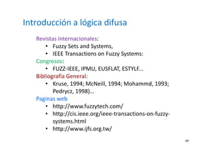 17 
Introducción a lógica difusa 
Revistas Internacionales: 
• Fuzzy Sets and Systems, 
• IEEE Transactions on Fuzzy Systems: 
Congresos: 
• FUZZ-IEEE, IPMU, EUSFLAT, ESTYLF... 
Bibliografía General: 
• Kruse, 1994; McNeill, 1994; Mohammd, 1993; 
Pedrycz, 1998)… 
Paginas web 
• http://www.fuzzytech.com/ 
• http://cis.ieee.org/ieee-transactions-on-fuzzy-systems. 
html 
• http://www.ijfs.org.tw/ 
 
