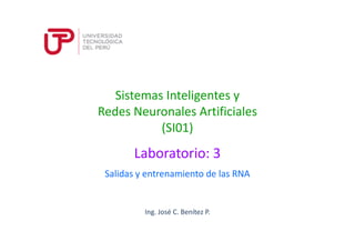 Sistemas Inteligentes y
Redes Neuronales Artificiales
(SI01)
Ing. José C. Benítez P.
(SI01)
Salidas y entrenamiento de las RNA
Laboratorio: 3
 