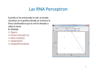 Cuando se ha entrenado la red, se puede
visualizar en la gráfica donde se muestra la
línea clasificadora que la red ha llevado a
cabo la tarea.
En Matlab:
>> figure;
>> Pesos=red.iw{1,1};
>> Bias=red.b{1};
>> plotpv(X,D)
>> plotpc(Pesos,Bias)
Las RNA Perceptron
13
 