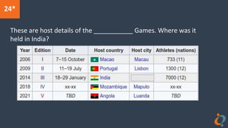 24*
These are host details of the ___________ Games. Where was it
held in India?
 