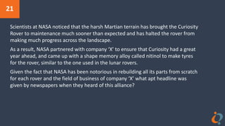 21
Scientists at NASA noticed that the harsh Martian terrain has brought the Curiosity
Rover to maintenance much sooner than expected and has halted the rover from
making much progress across the landscape.
As a result, NASA partnered with company ‘X’ to ensure that Curiosity had a great
year ahead, and came up with a shape memory alloy called nitinol to make tyres
for the rover, similar to the one used in the lunar rovers.
Given the fact that NASA has been notorious in rebuilding all its parts from scratch
for each rover and the field of business of company ‘X’ what apt headline was
given by newspapers when they heard of this alliance?
 