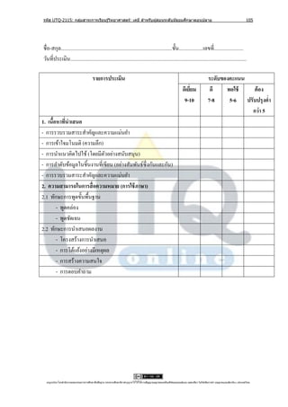 รหัส UTQ-2115: กลุมสาระการเรียนรู ้วิทยาศาสตร์: เคมี สาหรับผู ้สอนระดับมัธยมศึกษาตอนปลาย
                  ่                                                                                                                                                              105




ชื่อ-สกุล.......................................................................................ชั้ น...................เลขที่.......................
วันที่ประเมิน..........................................................................................................................................

                                          รายการประเมิน                                                                                        ระดับของคะแนน
                                                                                                                         ดีเยียม
                                                                                                                              ่                 ดี    พอใช้   ต้ อง
                                                                                                                          9-10                 7-8     5-6 ปรับปรุ งต่า
                                                                                                                                                             กว่า 5
1. เนือหาทีนาเสนอ
      ้     ่
- การรวบรวมสาระสําคัญและความแม่นยํา
- การเข้าใจมโนมติ (ความลึก)
- การนําแนวคิดไปใช้ (โดยมีตวอย่างสนับสนุน)
                               ั
- การลําดับข้อมูลในชิ้นงานที่เขียน (อย่างสัมพันธ์ซ่ ึ งกันและกัน)
- การรวบรวมสาระสําคัญและความแม่นยํา
2. ความสามารถในการสื่ อความหมาย (การใช้ ภาษา)
2.1 ทักษะการพูดขั้นพื้นฐาน
        - พูดคล่อง
        - พูดชัดเจน
2.2 ทักษะการนําเสนอผลงาน
        - โครงสร้างการนําเสนอ
        - การโต้แย้งอย่างมีเหตุผล
        - การสร้างความสนใจ
        - การตอบคําถาม




  utqonlineโดยสานั กงานคณะกรรมการการศึกษาขันพืนฐาน กระทรวงศึกษาธิการอนุ ญาตให้ใช้ได้ตามสัญญาอนุญาตของครีเอทีฟคอมมอนส์แบบ แสดงทีมา-ไม่ใช ้เพือการค ้า-อนุญาตแบบเดียวกัน 3.0 ประเทศไทย.
                                           ้ ้                                                                                 ่            ่
 