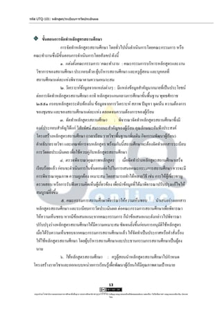 รหัส UTQ-101: หลักสูตร/ระเบียบการวัดประเมินผล




        ขั้นตอนการจัดทาหลักสูตรสถานศึกษา
                   การจัดทาหลักสูตรสถานศึกษา โดยทั่วไปนั้นดาเนินการโดยคณะกรรมการ หรือ
  คณะทางานซึ่งมีขั้นตอนการดาเนินการโดยสังเขป ดังนี้
                   ๑. แต่งตั้งคณะกรรมการ/ คณะทางาน : คณะกรรมการบริหารหลักสูตรและงาน
   วิชาการของสถานศึกษา ประกอบด้วย ผู้บริหารสถานศึกษา และครูผู้สอน และบุคคลที่
   สถานศึกษาแต่ละแห่งพิจารณาตามความเหมาะสม
                   ๒. วิเคราะห์ข้อมูลจากแหล่งต่างๆ : มีแหล่งข้อมูลสาคัญมากมายที่เป็นประโยชน์
   ต่อการจัดทาหลักสูตรสถานศึกษา อาทิ หลักสูตรแกนกลางการศึกษาขั้นพื้นฐาน พุทธศักราช
   ๒๕๕๑ กรอบหลักสูตรระดับท้องถิ่น ข้อมูลจากการวิเคราะห์ สภาพ ปัญหา จุดเน้น ความต้องการ
   ของชุมชน และของสถานศึกษาแต่ละแห่ง ตลอดจนความต้องการของผู้เรียน
                   ๓. จัดทาหลักสูตรสถานศึกษา : พิจารณาจัดทาหลักสูตรสถานศึกษาซึ่งมี
   องค์ประกอบสาคัญได้แก่ วิสัยทัศน์ สมรรถนะสาคัญของผู้เรียน คุณลักษณะอันพึงประสงค์
   โครงสร้างหลักสูตรสถานศึกษา (เวลาเรียน รายวิชาพื้นฐาน/เพิ่มเติม กิจกรรมพัฒนาผู้เรียน)
   คาอธิบายรายวิชา และเกณฑ์การจบหลักสูตร พร้อมกันนี้สถานศึกษาจะต้องจัดทาเอกสารระเบียบ
   การวัดผลประเมินผล เพื่อใช้ควบคู่กับหลักสูตรสถานศึกษา
                   ๔. ตรวจพิจารณาคุณภาพหลักสูตร : เมื่อจัดทาร่างหลักสูตรสถานศึกษาเสร็จ
   เรียบร้อยแล้ว ก่อนจะดาเนินการในขั้นตอนต่อไปในการเสนอคณะกรรมการสถานศึกษา ควรจะมี
   การพิจารณาคุณภาพ ความถูกต้อง เหมาะสม โดยสามารถทาได้หลายวิธี เช่น การให้ผู้เชี่ยวชาญ
   ตรวจสอบ หรือการรับฟังความคิดเห็นผู้เกี่ยวข้อง เพื่อนาข้อมูลที่ได้มาพิจารณาปรับปรุงแก้ไขให้
   สมบูรณ์ยิ่งขึ้น
                   ๕. คณะกรรมการสถานศึกษาพิจารณาให้ความเห็นชอบ : นาเสนอร่างเอกสาร
   หลักสูตรสถานศึกษา และระเบียบการวัดประเมินผล ต่อคณะกรรมการสถานศึกษาเพื่อพิจารณา
   ให้ความเห็นชอบ หากมีข้อเสนอแนะจากคณะกรรมการ ก็นาข้อเสนอแนะดังกล่าวไปพิจารณา
   ปรับปรุงร่างหลักสูตรสถานศึกษาให้มีความเหมาะสม ชัดเจนยิ่งขึ้นก่อนการอนุมัติใช้หลักสูตร
   เมื่อได้รับความเห็นชอบจากคณะกรรมการสถานศึกษาแล้ว ให้จัดทาเป็นประกาศหรือคาสั่งเรื่อง
   ให้ใช้หลักสูตรสถานศึกษา โดยผู้บริหารสถานศึกษาและประธานกรรมการสถานศึกษาเป็นผู้ลง
   นาม
                   ๖. ใช้หลักสูตรสถานศึกษา : ครูผู้สอนนาหลักสูตรสถานศึกษาไปกาหนด
  โครงสร้างรายวิชาและออกแบบหน่วยการเรียนรู้เพื่อพัฒนาผู้เรียนให้มีคุณภาพตามเป้าหมาย


                                                                                     13

   utqonlineโดยสานักงานคณะกรรมการการศึกษาขั้นพื้นฐาน กระทรวงศึกษาธิการ ญาตให้ใช้ได้ตามสัญญาอนุญาตของครีเอทีฟคอมมอนส์แบบ แสดงที่มา-ไม่ใช้เพื่อการค้า-อนุญาตแบบเดียวกัน ประเทศ
                                                                     อนุ                                                                                            3.0

                                                                                     ไทย.
 